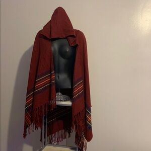 Hooded Red Poncho with Fringe and Stripes